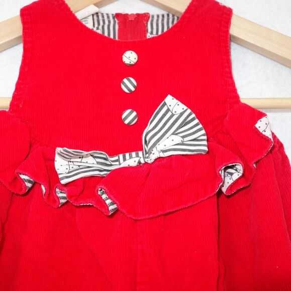 Vintage Red Corduroy Overalls with Black White Print Cuffs Bow Girls 12 months - Picture 2 of 6